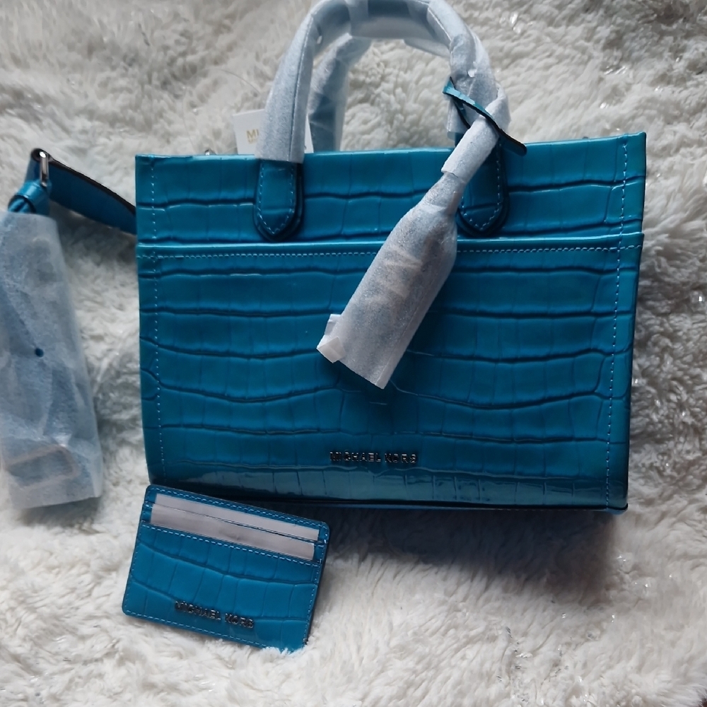 Michael Kors Blue Satchel with Crocodile Embossed Finish With Matching Card Case